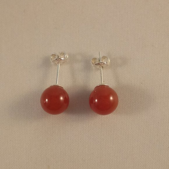925 Sterling Silver Red Agate Ball Stud Earrings 8mm Women's Party Gift - Picture 3 of 5